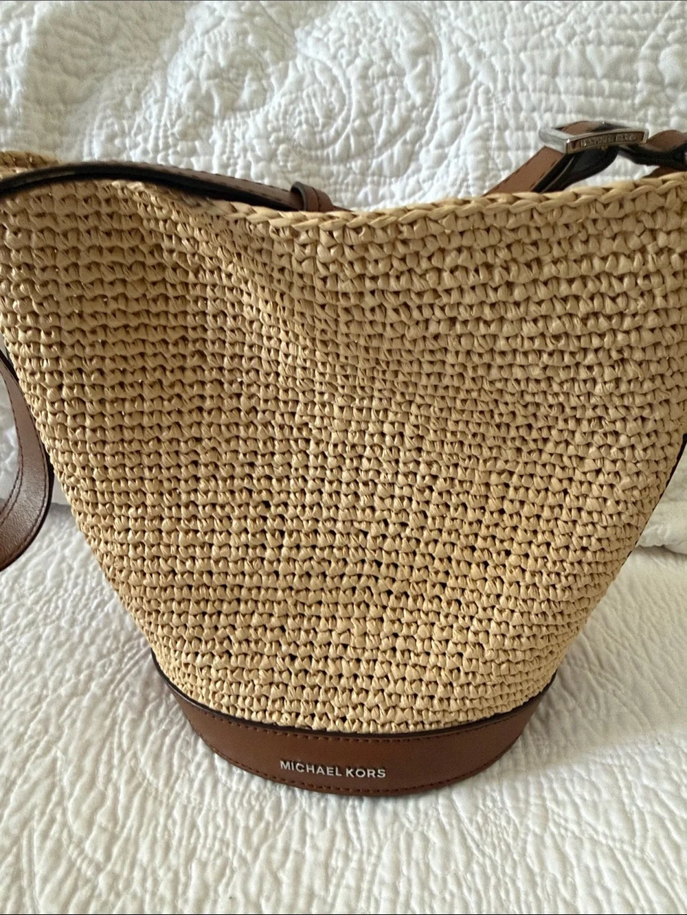 Michael Kors Natural Straw Bucket Shoulder Bag with Brown Leather Trim